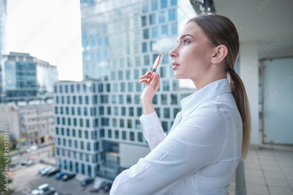 Beautiful business woman on the background of the modern office Beautiful business woman on the background of the modern office