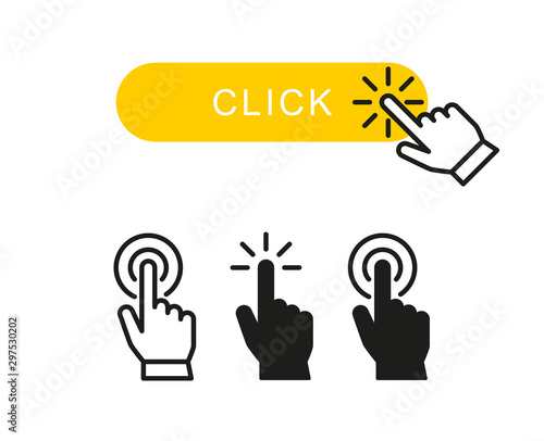 Finger clicks on yellow button and set hand pointer or mouse cursor push linear icon symbol