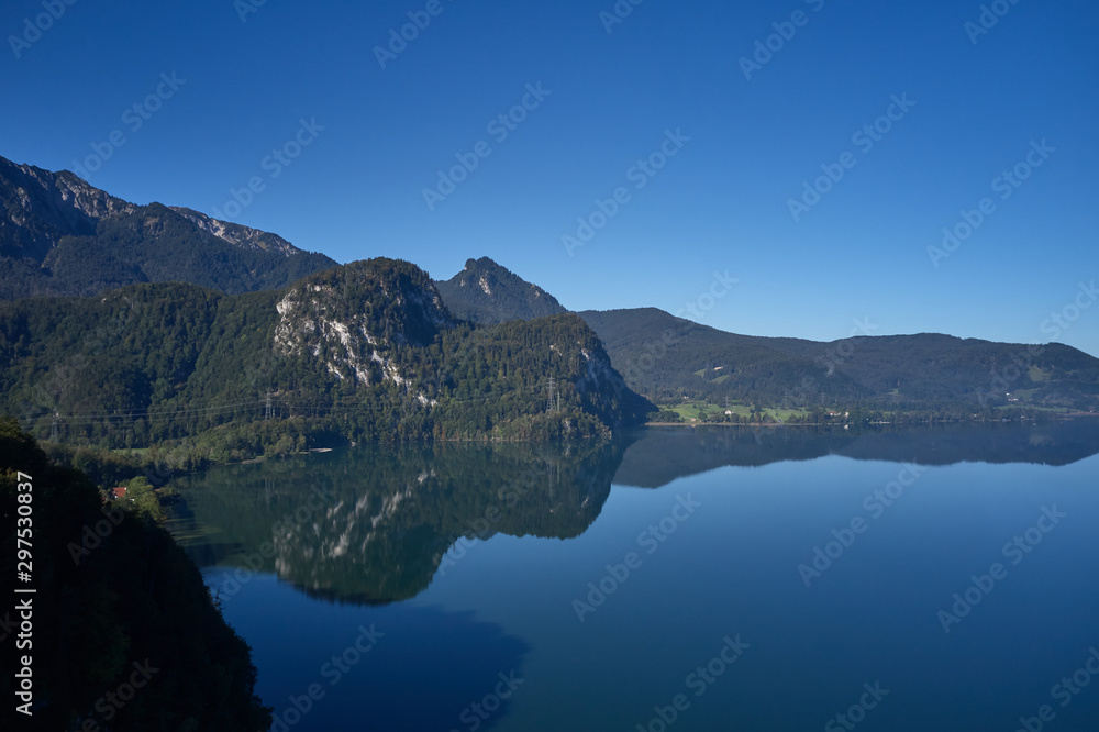 Beautiful panorama of lake Kochelsee, Bavaria Germany. Flying on drone.