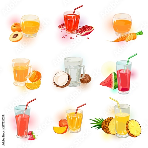 Vector set with berry, vegetable and fruit juice assortment. Cold drinks menu. Relaxing and joyful holiday, weekend with delicious beverages. Cartoon collection isolated on white background.
