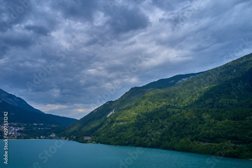 Panoramic view of the lake Molveno north of Italy. Trento region. Great trip to the lake in the Alps. Aerial photography © Berg