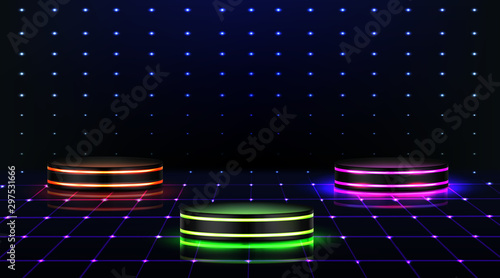 Neon podiums. Empty stages in nightclub, dance floor with three pedestals of red, pink green glowing lighting. Illuminated scenes for dancing, fashion show performance Realistic 3d vector illustration