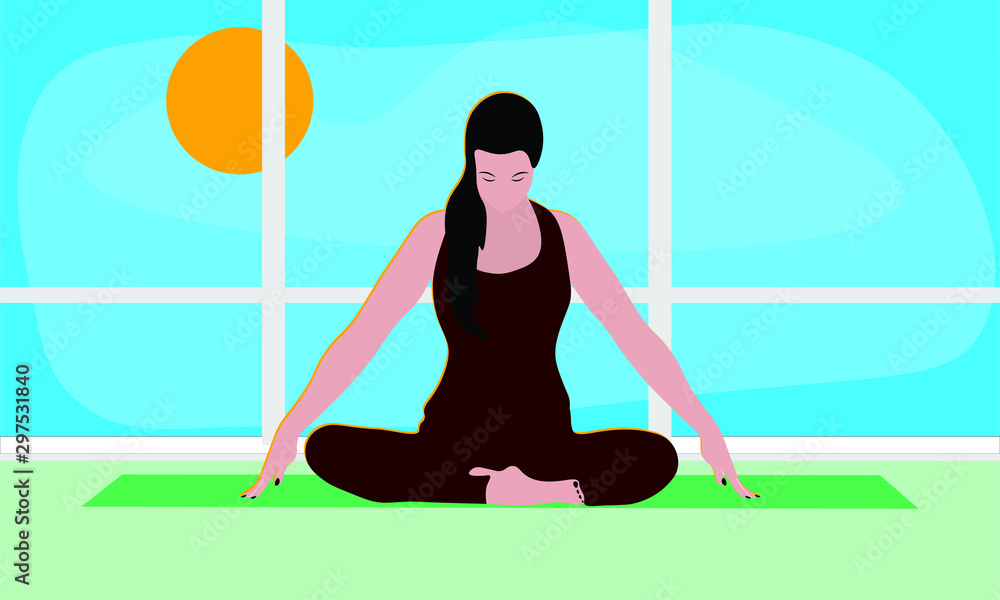 cartoon woman is sitting in a comfortable Asana with raised arms, crossed legs and doing Jalandhara Bandha in the studio room or apartment with window. Outside the window blue sky bright sunny day