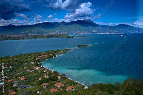 Aerial photography with drone, Rocca di Manerba in Garda lake, Italy.