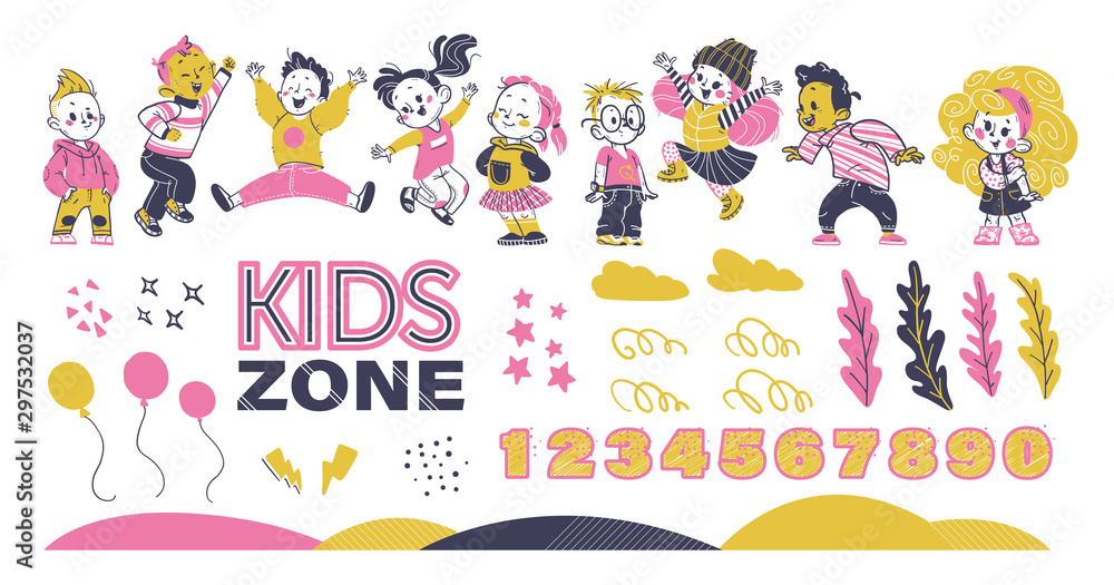 Happy kids group smiling, jumping, celebrating. Decor elements set: air balloons, stars, clouds, numbers. Hand drawn style. Vector illustration. For birthday party banner, invitation, card, kids zone.