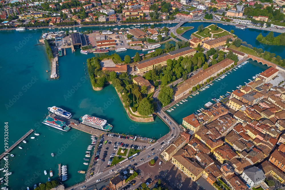 Aerial photography with drone. Beautiful view of the city of Peschiera del Garda, Italy.