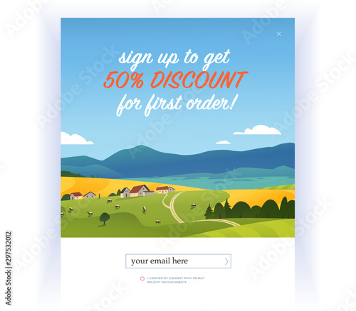 Vector squeeze page design template with beautiful flat village farm landscape illustration and email text box. Special offer for dairy products mailing, discount programs etc. concept.