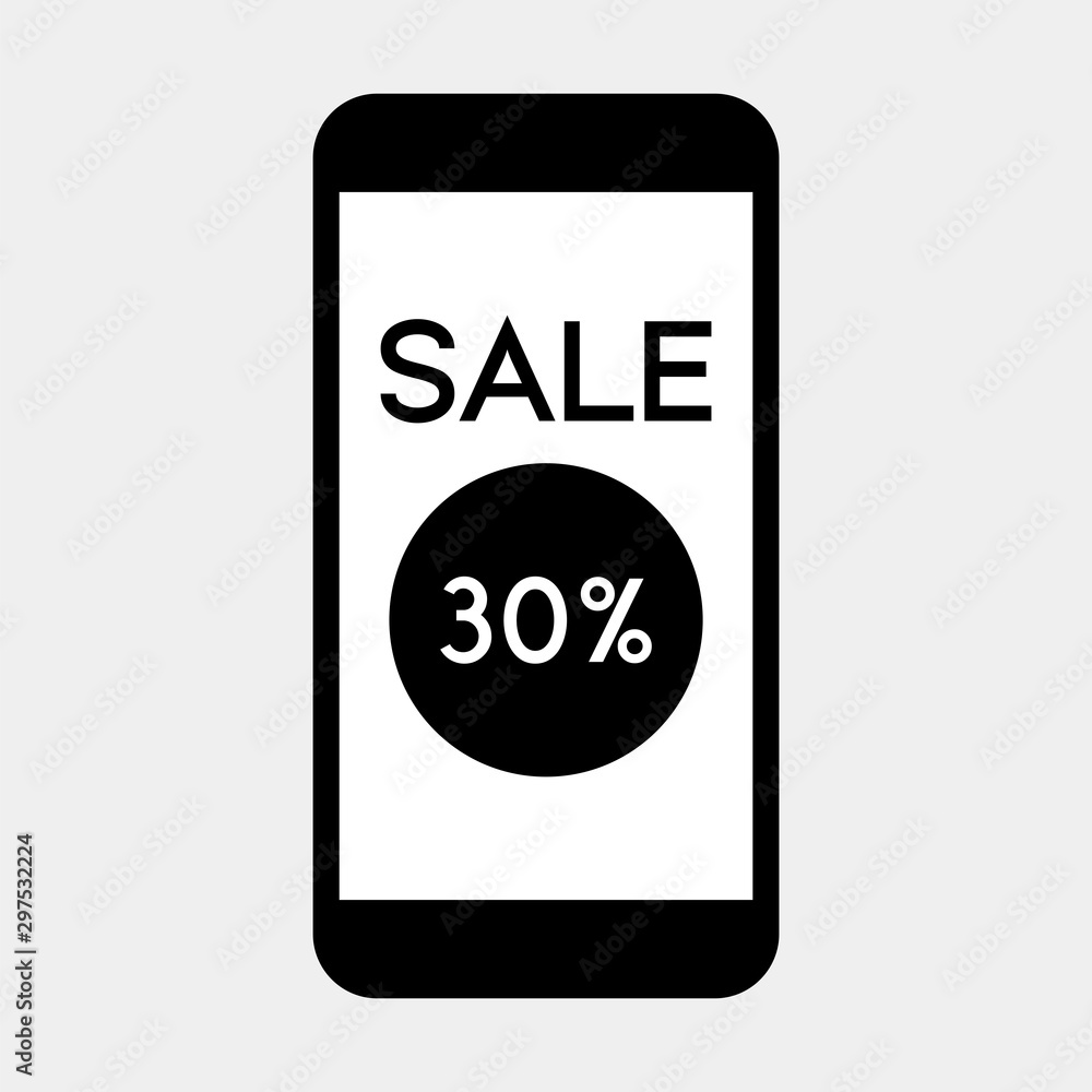 Mobile phone with Sale 30 percent icon on screen,vector.