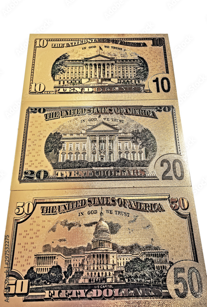 Fototapeta premium Souvenir American Gold Heap of Dollar Bills isolated on white background