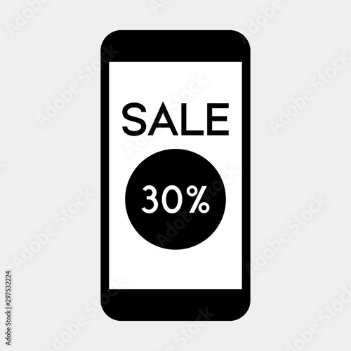Mobile phone with Sale 30 percent icon on screen,vector.