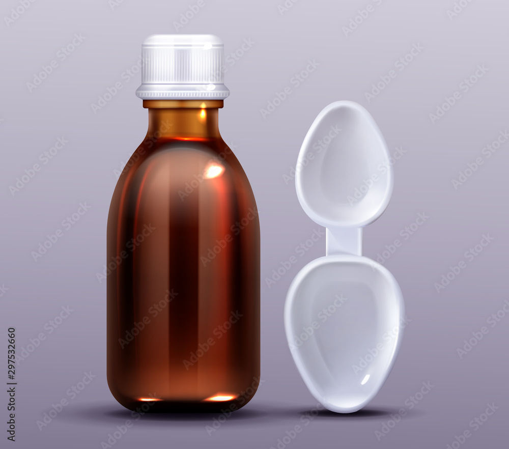 Vetor de Cough syrup bottle and spoon with big and small scoops for