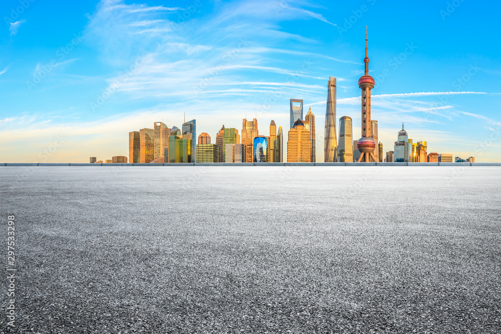 City skyline and asphalt road in Shanghai
