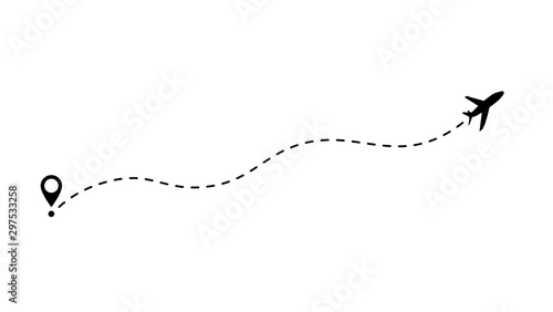 Flight route vector illustration. Airplane line path icon of air plane flight route with start point and dash line trace