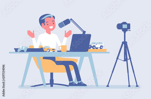 Blogger podcaster streaming. Man writing material to blog, reviewing for online journal or website content, posting short videos to a vlog, recording program. Vector flat style cartoon illustration