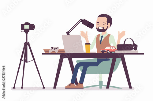Blogger podcaster streaming. Man writing material to blog, reviewing for online journal or website content, posting short video to vlog, recording program. Vector flat style cartoon illustration