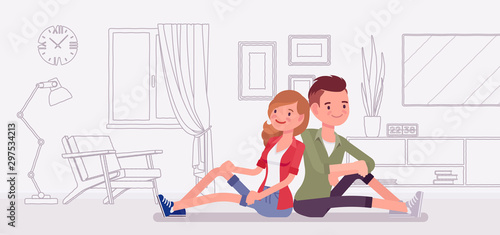 Young family dreaming of own house. Man and woman sitting in imaginable line drawing image of a new future flat, room vision with interior details and furniture. Vector flat style cartoon illustration