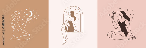 Beautiful female figure. Vector logo design template and illustration in simple minimal linear style - body positive emblem, abstract badge for lingerie designer
