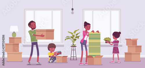Family moving to new apartment. Happy parents, kids celebrate relocation, unpacking together essentials boxes in empty room, opening cardboards with belongings. Vector flat style cartoon illustration