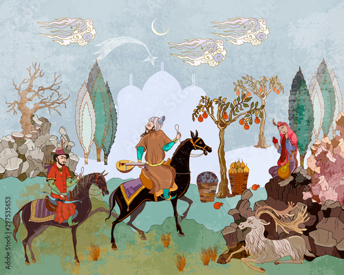 Horsemen and oasis. Persian frescoes. Travel of heroes. Ancient civilization murals. Ottoman Empire. Fairy tales and legends of the Middle East. Medieval miniature. Mughal art