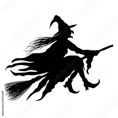 Witch Riding The Broom Isolated On White Background. Black Silhouette