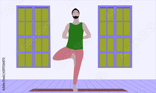 young man stretches his shoulders and back standing on one leg in Asana Tree Pose Vrksasana. Relaxation meditation illustration