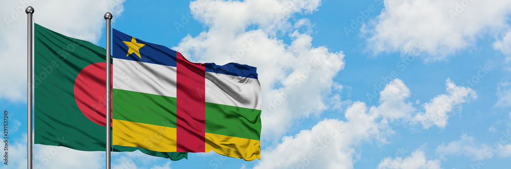 Bangladesh and Central African Republic flag waving in the wind against white cloudy blue sky together. Diplomacy concept, international relations. Bangladesh and Central African Republic flag waving in the wind against white cloudy blue sky together. Diplomacy concept, international relations.