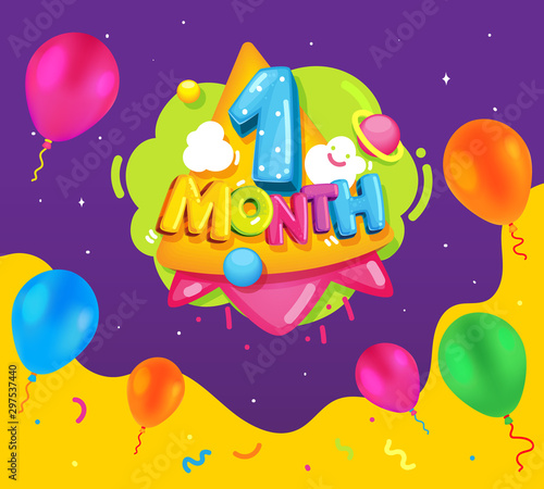  1 month inscription. Emblem for baby. Vector color illustration