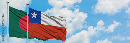 Free Download Bangladesh and Chile flag waving in the wind against white cloudy blue sky together. Diplomacy concept, international relations. - GFXLoad