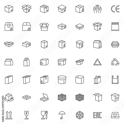 Packaging box line icons set. linear style symbols collection, outline signs pack. vector graphics. Set includes icons as cardboard box, parcel shipping, paper food bag, pizza delivery, wooden crate