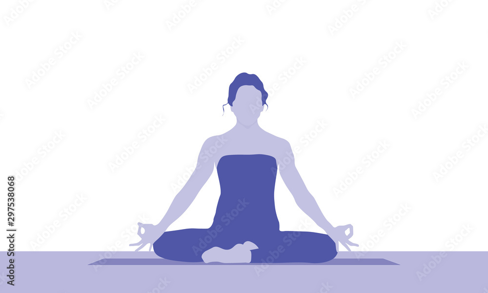 A woman is sitting in a comfortable asana with raised arms, crossed legs and make Mrigi Mudra. Pranayama exercise
