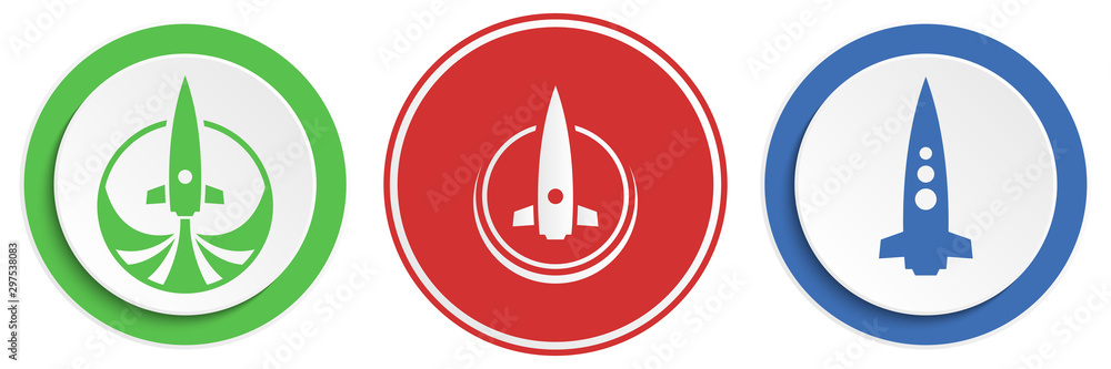 Set of abstract rocket flat icon. Round colorful buttons with spaceships. Set of abstract rocket flat icon. Round colorful buttons with spaceships.