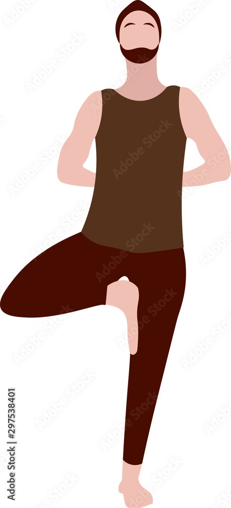 young man stretches his shoulders and back standing on one leg in asana Tree Pose Vrksasana. Relaxation, meditation illustration young man stretches his shoulders and back standing on one leg in asana Tree Pose Vrksasana. Relaxation, meditation illustration