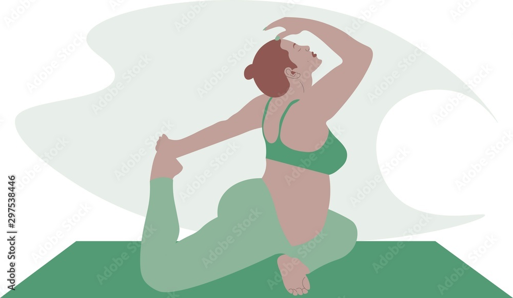 a young pregnant woman stretches the entire body doing Eka Pada Rajakapotasana. Relaxation, meditation illustration