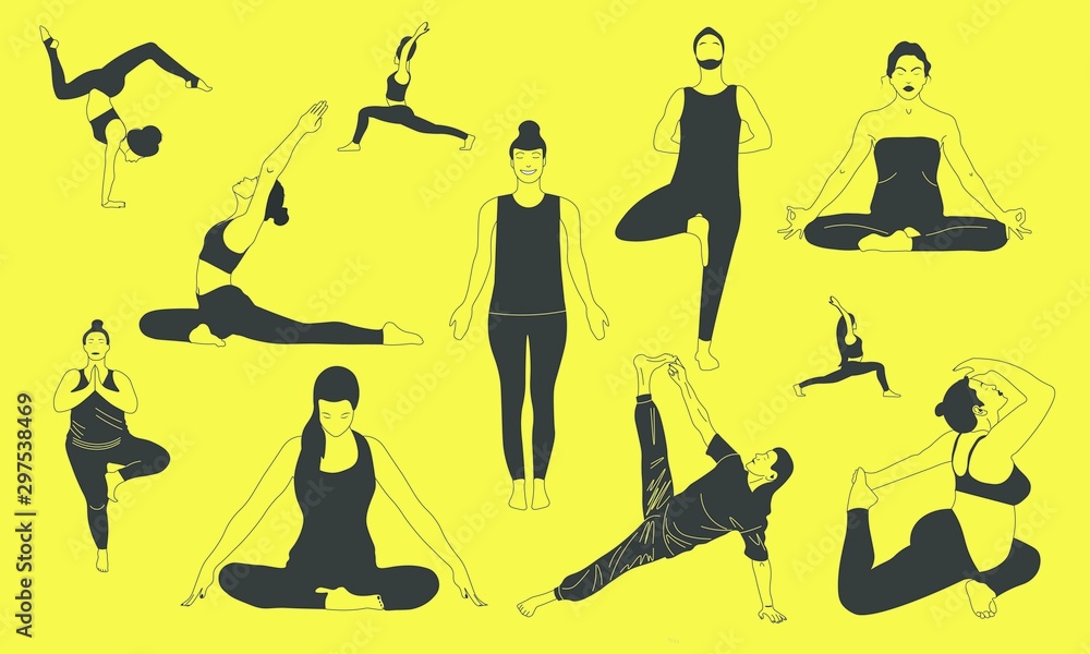 Color collection of eleven people who standing,stretching doing body care trainings and relax,meditation breath concentration and makes pranayama exercise