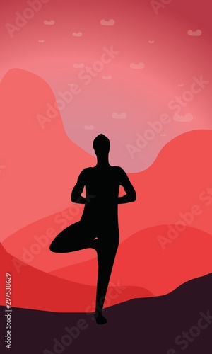 young man yogi or traveler stretches his shoulders and back standing on one leg in Asana Tree Pose Vrksasana in nature. Outside laying bright mountains and wildlife. Isolated color illustration