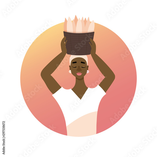An African girl holds a basket of cassava roots on her head. Vector on white background