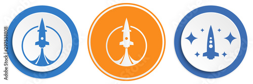 Set of abstract rocket flat icon. Round colorful buttons with spaceships.