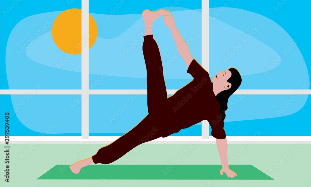young man stretches the entire body doing Vasisthasana, Side Plank Pose in the studio room with window. Outside the window blue sky bright sunny day