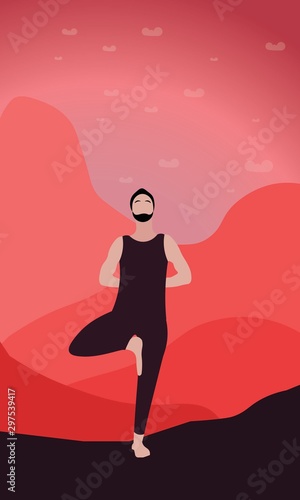 young man yogi or traveler stretches his shoulders and back standing on one leg in asana Tree Pose Vrksasana in nature. Outside bright mountains and wildlife. Relaxation, isolated man