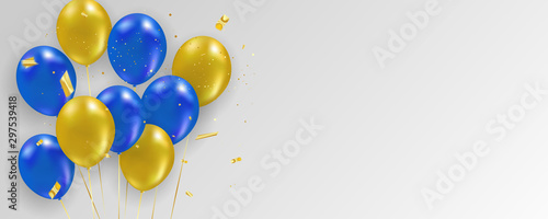 Blue yellow balloons, Gold confetti concept design template holiday Happy Day, background Celebration Vector illustration.
