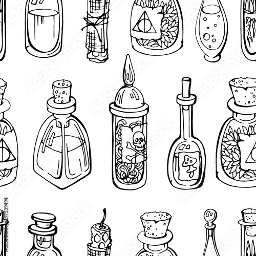 Vector seamless pattern with witch potion ingredients :glass bottles with herbs and liquids and vox candle . Bottle with cork. Linear , hand drawn black on white. Halloween design.