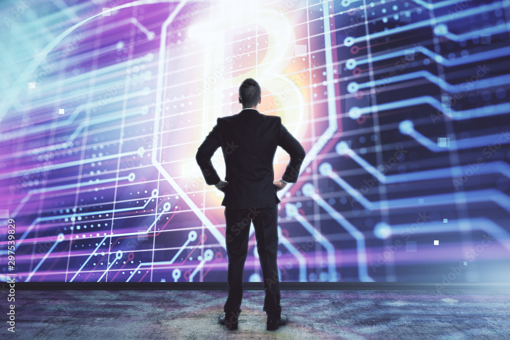 Man and blockchain theme hologram. Multi exposure. Concept of cryptocurrency Man and blockchain theme hologram. Multi exposure. Concept of cryptocurrency
