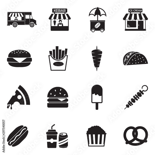 Street Food Icons. Black Flat Design. Vector Illustration.