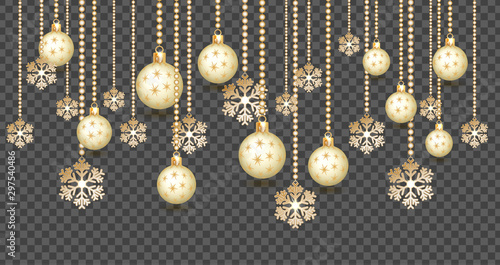 Golden Christmas balls background. Festive xmas decoration gold bauble and bright snowflake, hanging on the ribbon bead