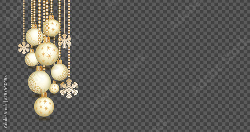 Golden Christmas balls background. Festive xmas decoration gold bauble and bright snowflake, hanging on the ribbon bead