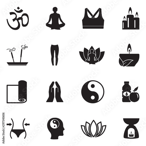 Yoga Icons. Black Flat Design. Vector Illustration.