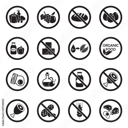 Types Of Diets Icons. Black Flat Design. Vector Illustration.