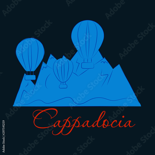 Illustration of a popular turkish travel destination Cappadocia. Balloons in the sky. EPS 10. RGB. Transparencies