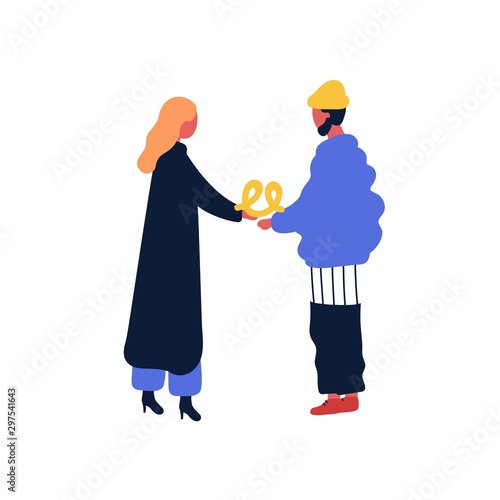 Woman give pretzel to her boyfriend flat vector illustration