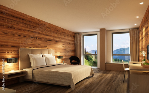 Hotelzimmer mit Holzwand photo